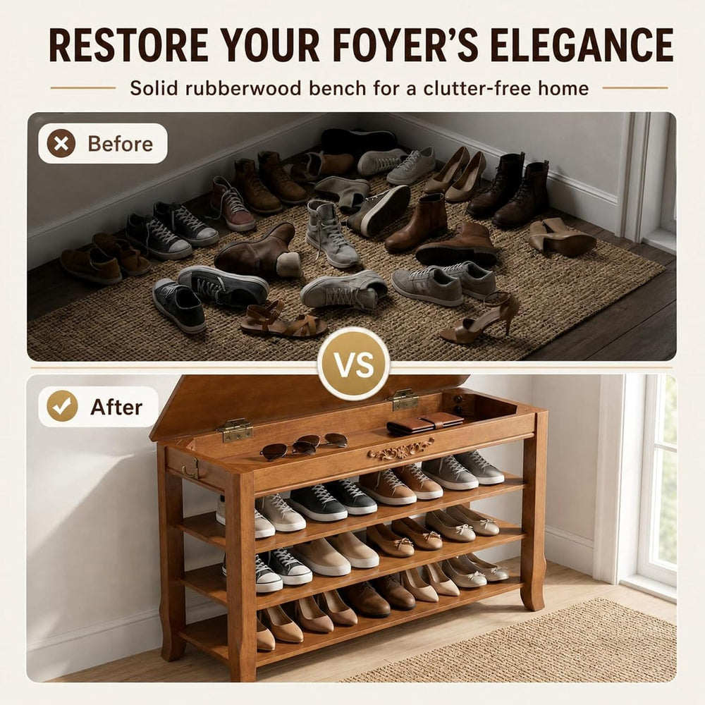 Shoe Rack Bench with Storage 3 Tier Solid Wood Entryway Shoe Rack 39.4"