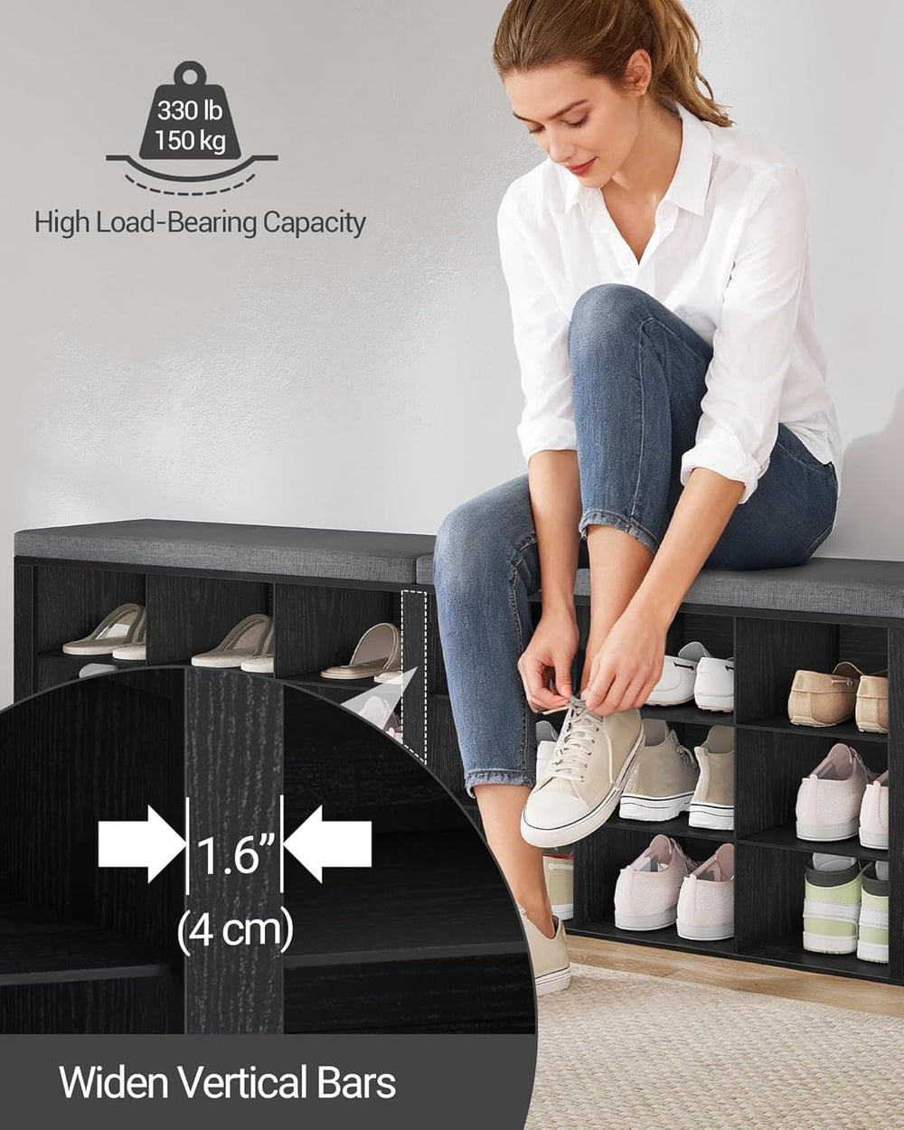 Hzuaneri Shoe Storage Bench with Cushion, Storage Bench with 18 Cubbies