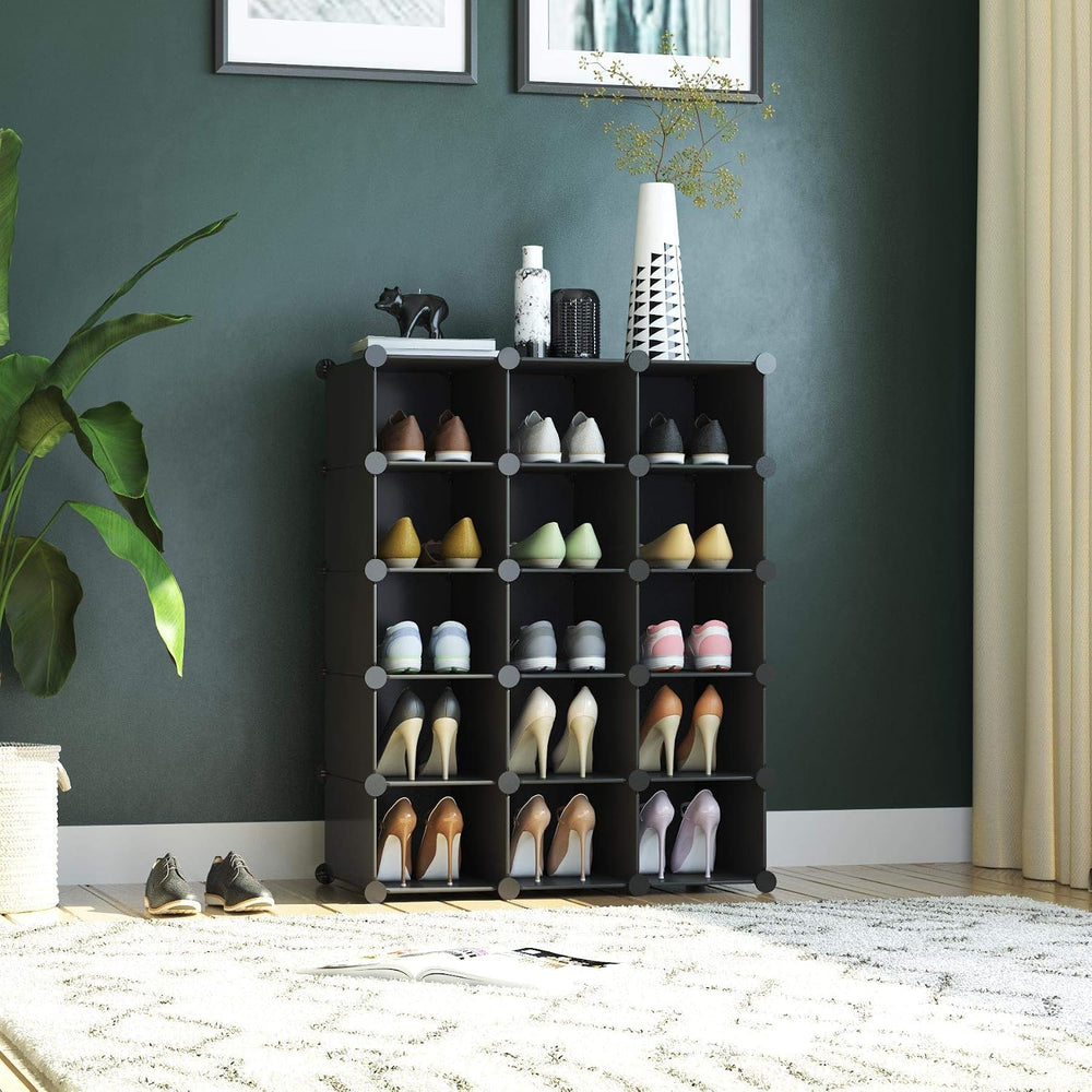 C&AHOME Plastic Shoe Rack,16-Cube Stackable Shoe Organizer Units, Black