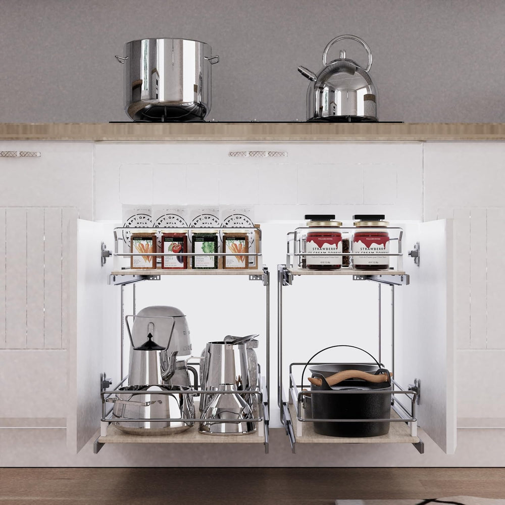 2 Tier Pull Out Cabinet Organizer 14.45" W X 22" D, Wood & Chromed