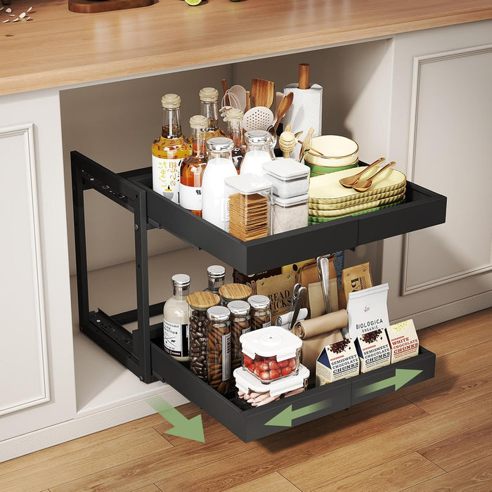 Abalter Expandable Pull Out Cabinet Organizer(12-18.5" W x 21" D), 2-Tier Slide Out Drawer for Kitchen Cabinets, Slide Out Shelves for Kitchen Countertop, Bathroom, Pantry, Heavy Duty Caddy(Black)
