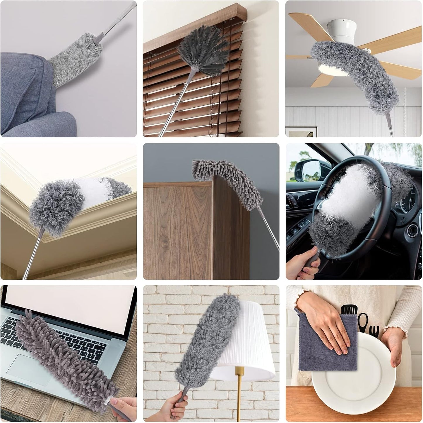 Microfiber Duster for Cleaning Fan, High Ceiling, Blinds, Furniture, Cars , 9PCS Extendable Feather Duster (Stainless Steel) 30 to 100 Inches, Reusable Bendable Washable