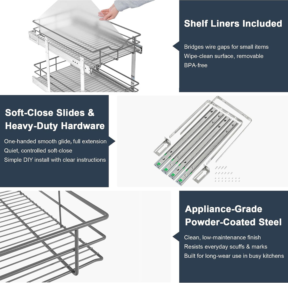 2 Tier Pull Out Cabinet Organizer - 20" W x 22" D Soft Close Slide ...