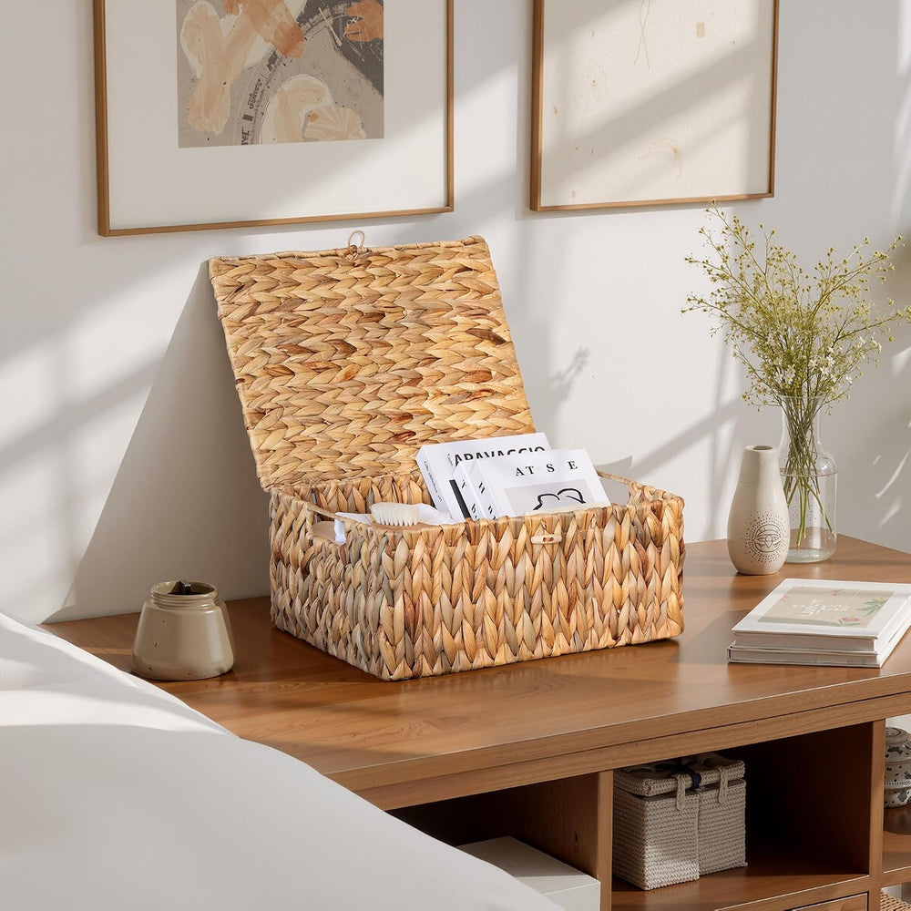 StorageWorks Wicker Basket with Lid, Storage Baskets with Lids, Hyacinth