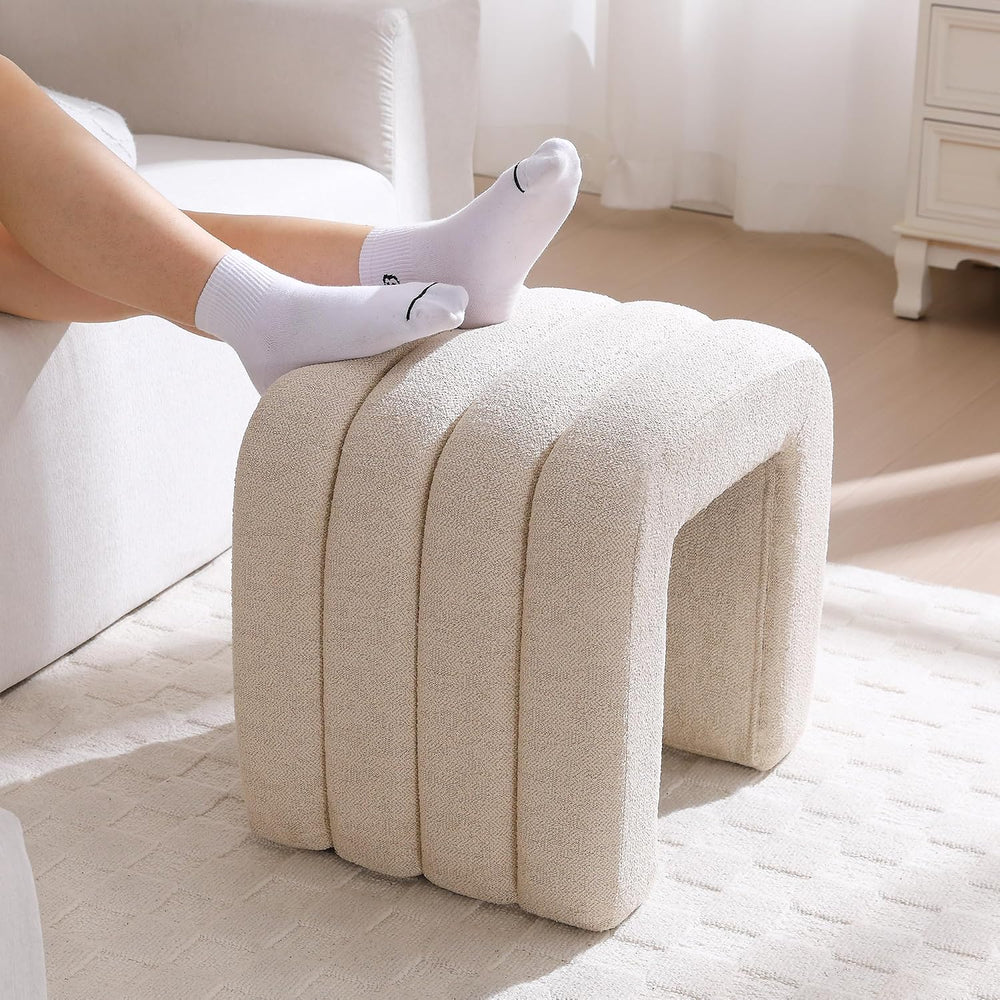 Beige Linen Ottoman Stool, Small Vanity Stool