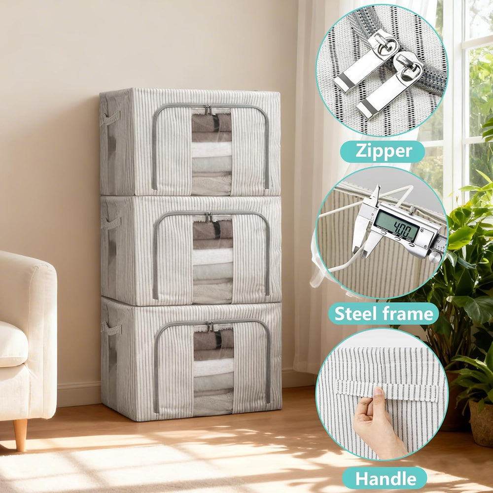 3 Pack Clothes Storage Bins, Foldable Metal Frame Storage Box with Lids,Stack...