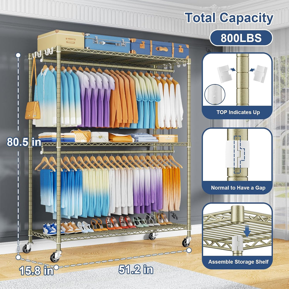 ULIFHOME P8 Max Heavy Duty Clothes Rack(With Extended Width Design) Rolling C...