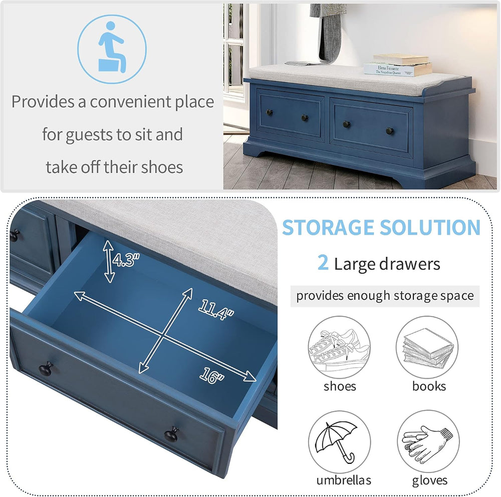 Storage Bench,Solid Wood Shoe Bench with Two Large Drawers and Removable Cush...