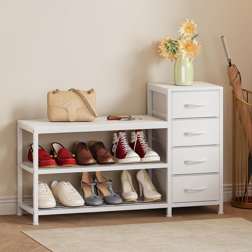EXOTICA Industrial Shoe Storage Bench with 4 Drawers & Seat, White