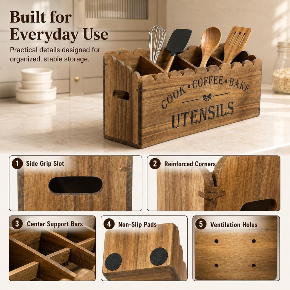 Acacia Wood Utensil Holder for Counter, 4-Compartment Organizer