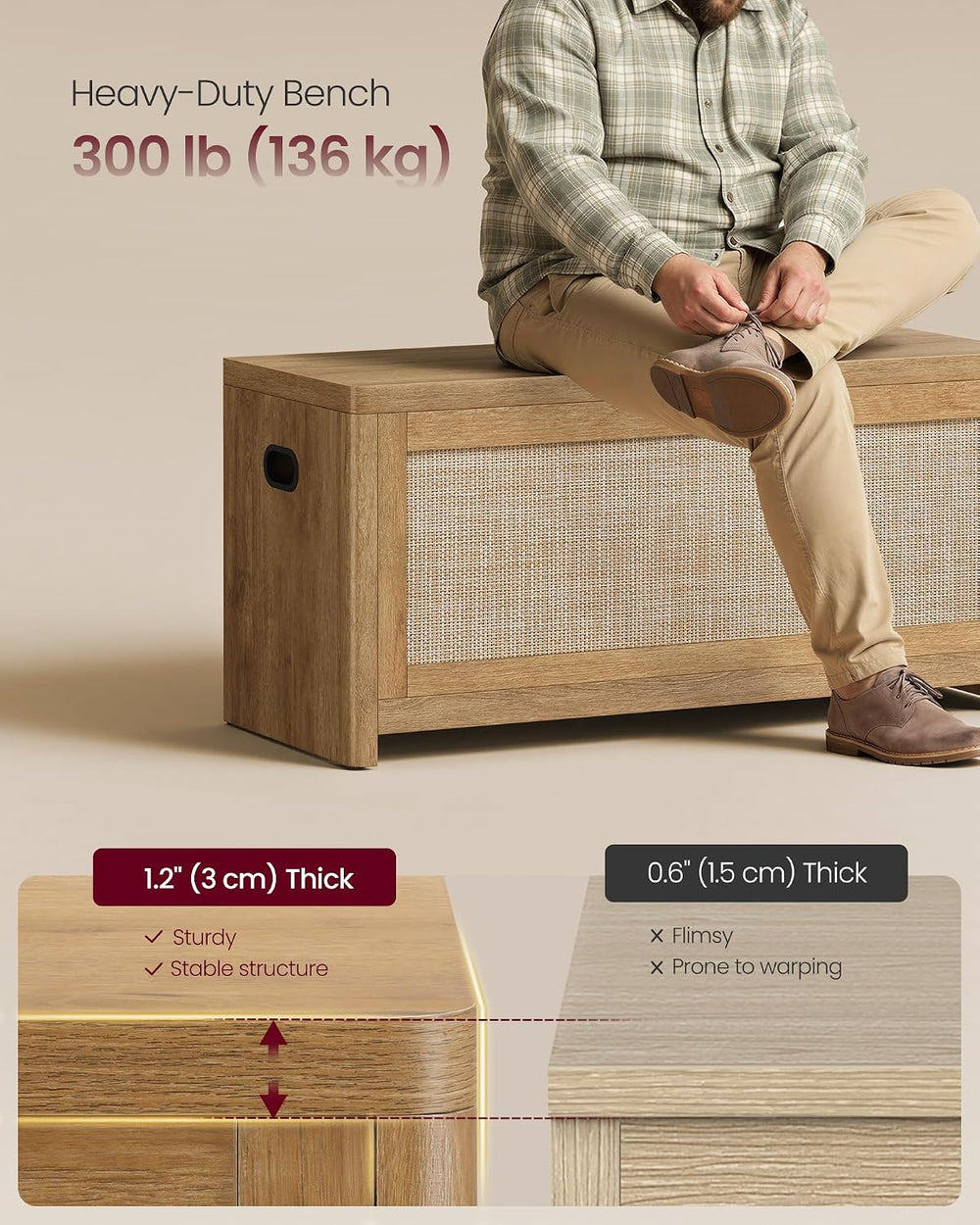 VASAGLE Boho Storage Bench with Rattan Look, Rounded Corners