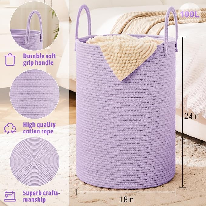 Laundry Basket, Woven Cotton Rope Laundry Hamper, 100L - Image 6
