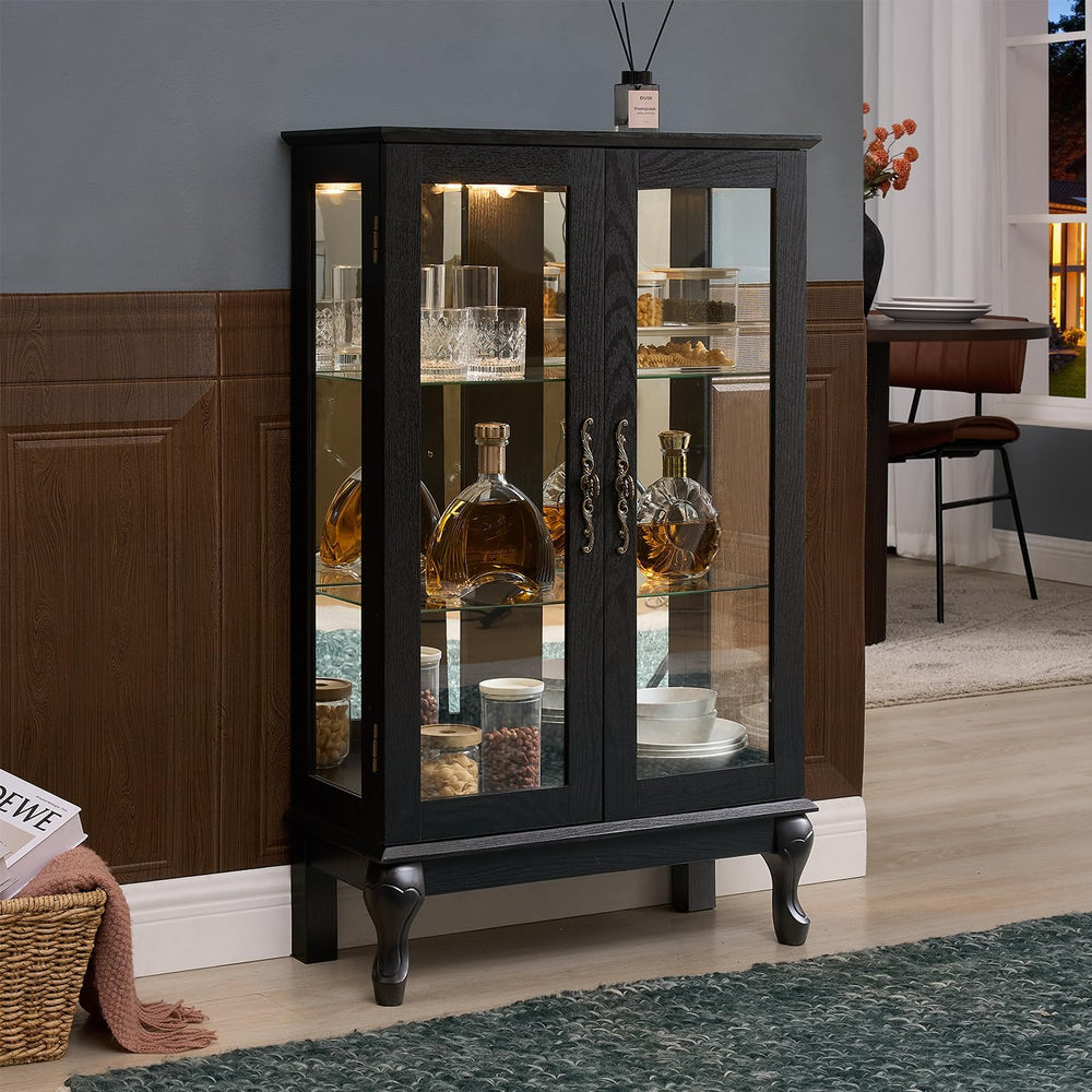 43" H Lighted Wooden Curio Cabinet, Freestanding Glass Display Case with...