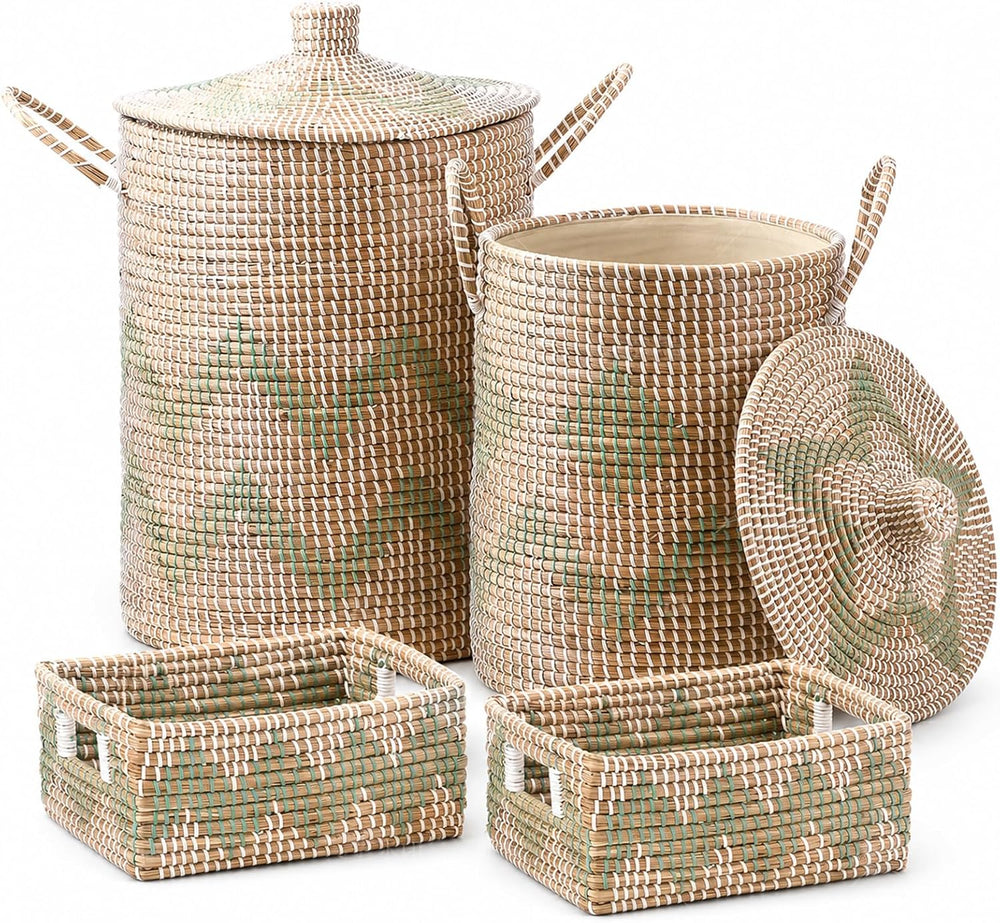 Seagrass Laundry Hamper Set with Lids, 4-Piece Handwoven Wicker Storage Baske...