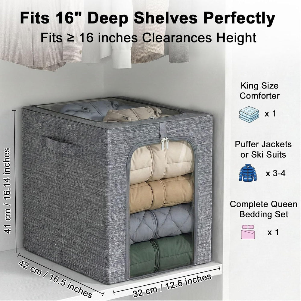 GoMaihe Blanket Storage Bins with Metal Frame for Closet, 55L 4-Pack Grey