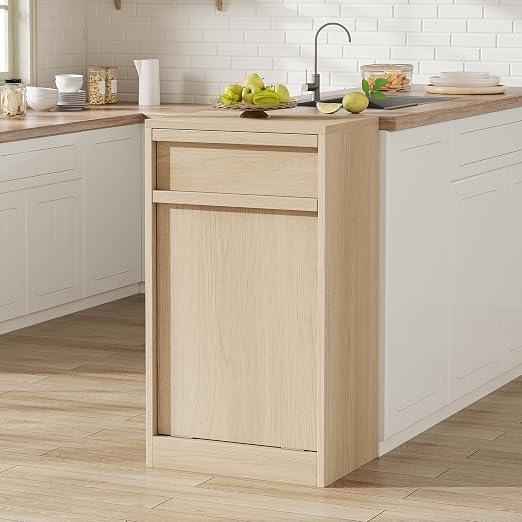 Tilt Out Trash Cabinet, Natural Wood Hidden Garbage Can Cabinet - Image 2