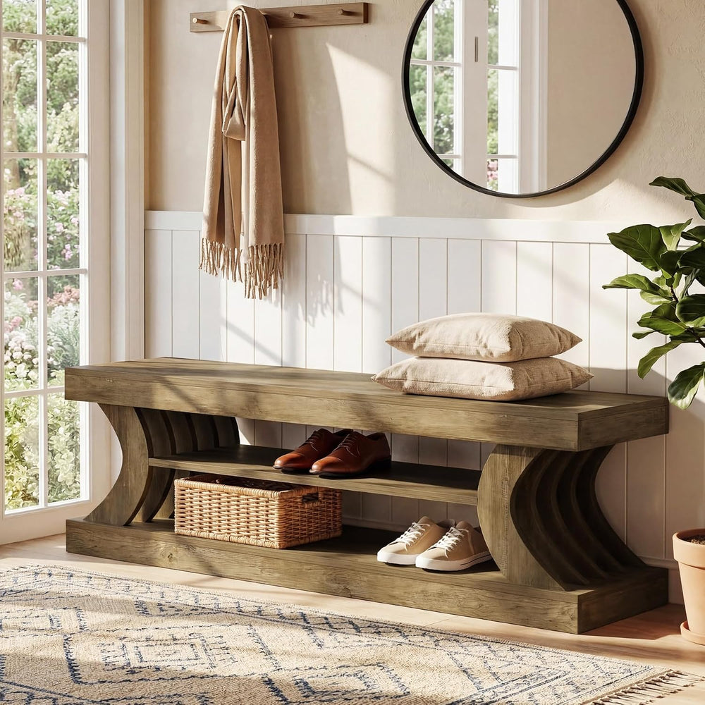 Tribesigns 63" Entryway Shoe Bench, 3-Tier End of Bed Bench with Open St...