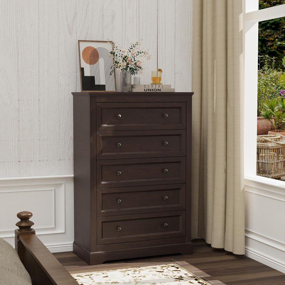LOUVIXA Farmhouse Dresser 5 Drawer, Bedroom Chest of Drawers, Dressers with 5...