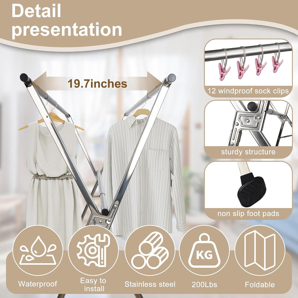 Stainless Steel Clothing Rack, Clothes Drying Rack Foldable, Anti Slip Laundr...