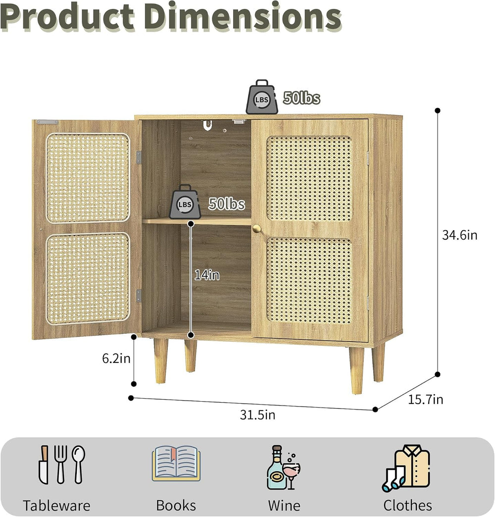 Rattan Sideboard Buffet Cabinet with Storage,Boho Credenza Accent Cabinet wit...