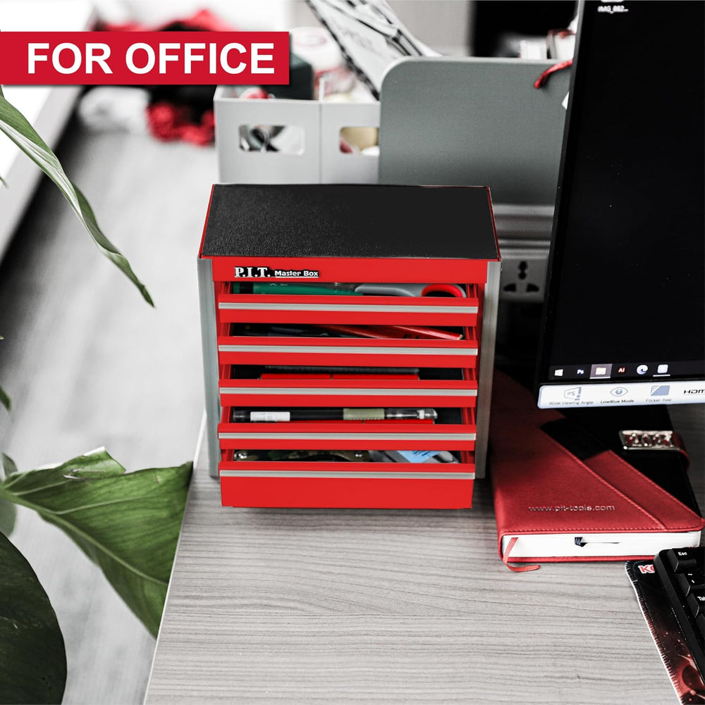 P.I.T. Mini Tool Box,Small Metal Toolbox Organizer with 5 Drawers,Red