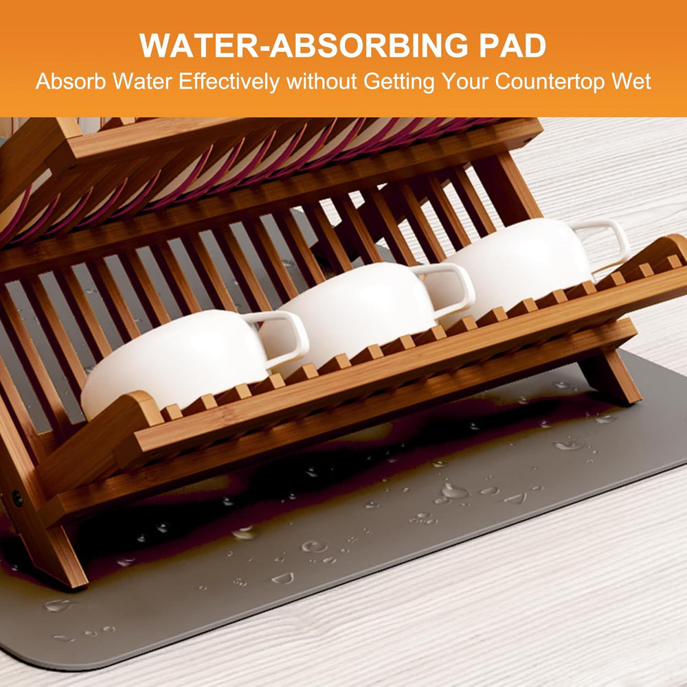 Greenual Teak Dish Drying Rack with Utensil Holder, 3 Tier Collapsible Dish R...