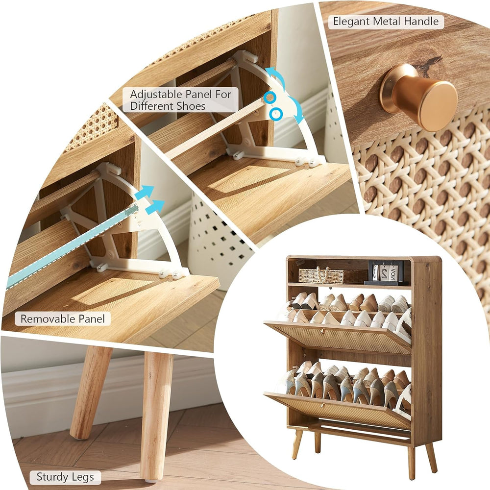 Shoe Storage Cabinet with 2 Flip Drawer Natural Rattan Shoe Cabinet Organizer...