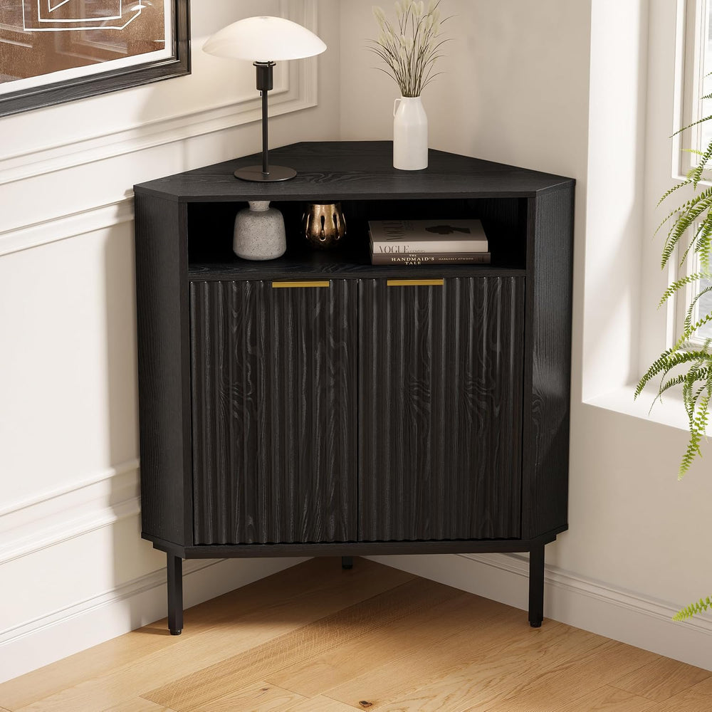 Fluted Corner Cabinet with Storage, Modern Floor Cabinets with Adjustable She...