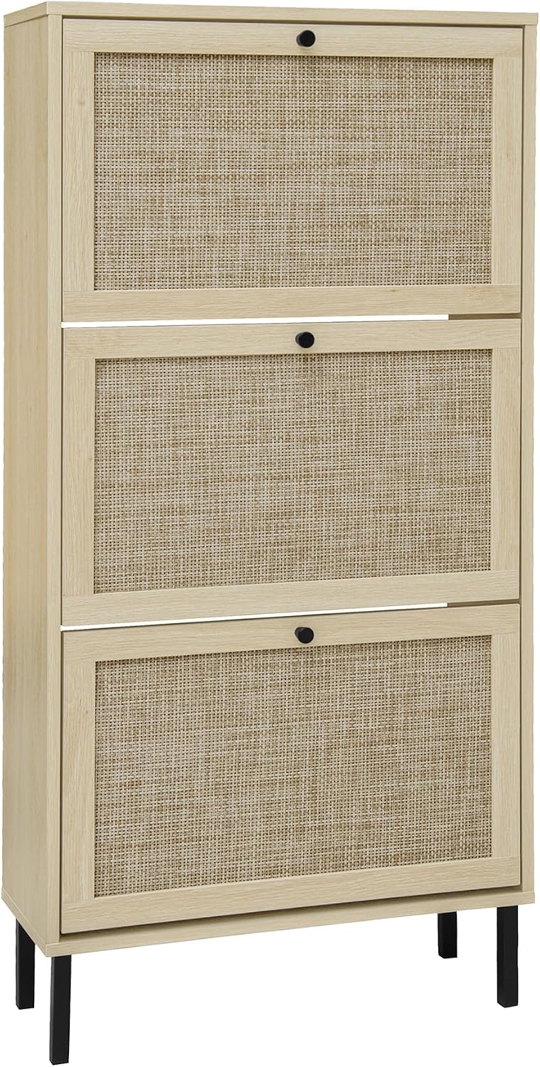 Rattan Shoe Cabinet with 3 Flip Drawer Slim Narrow Shoe Rack Cabinet with Sto...