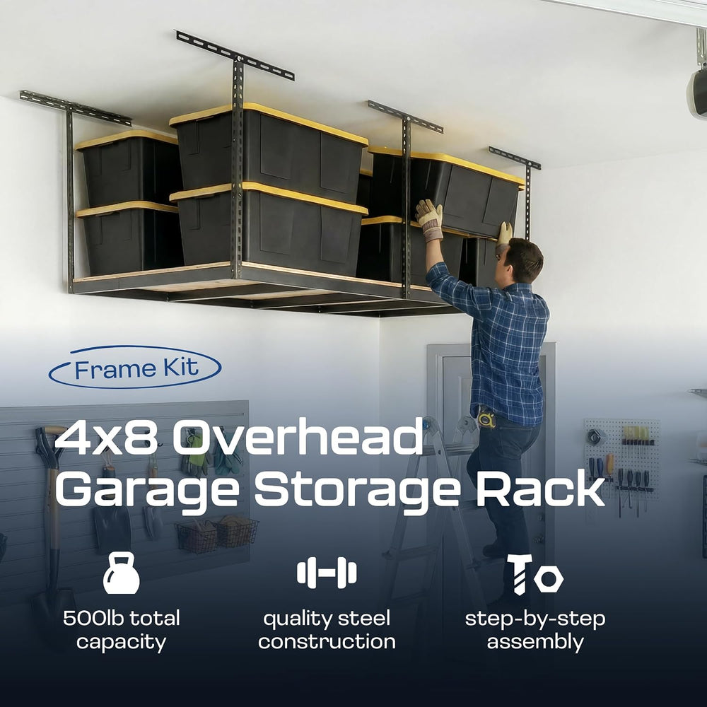 MonsterRax 4x8 Overhead Storage Rack Frame Kit, Hammertone, 24”-45” Height