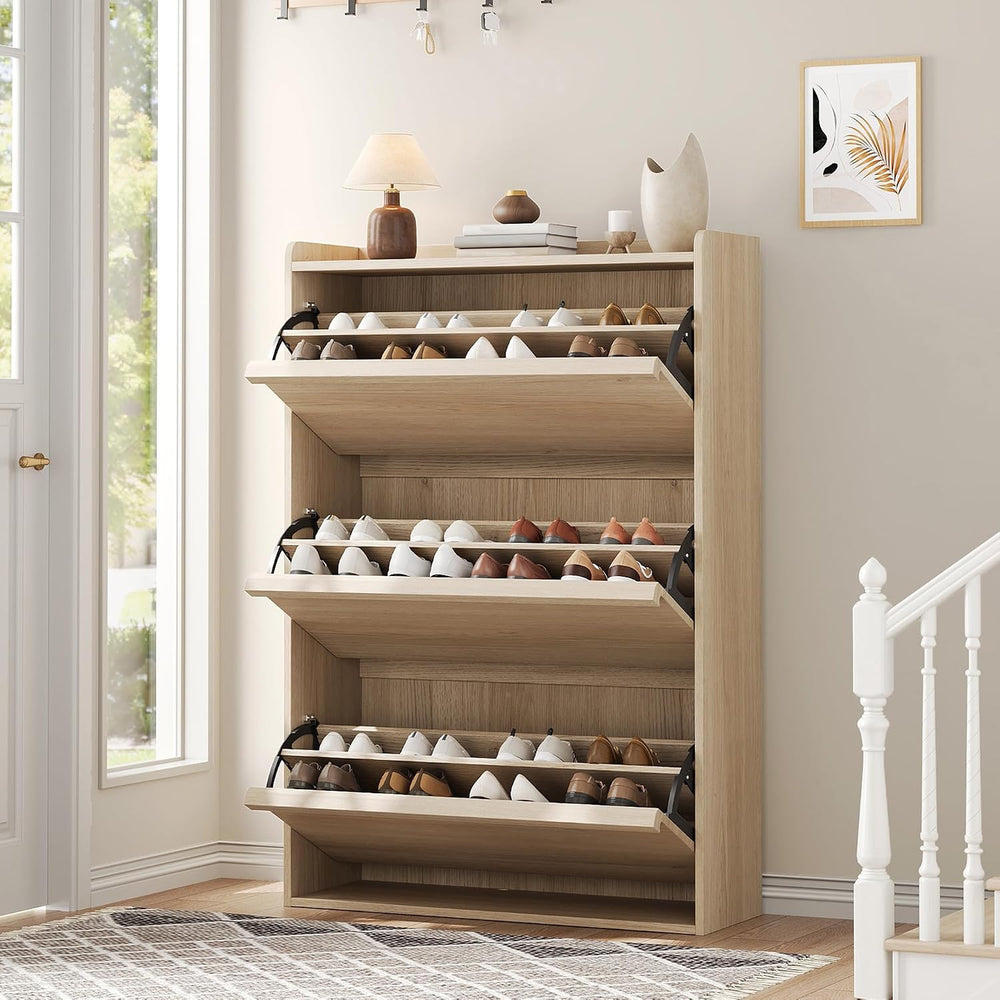 GarveeHome Shoe Cabinet with 3 Flip Drawers, Wooden Shoe Organizer Cabinet wi...