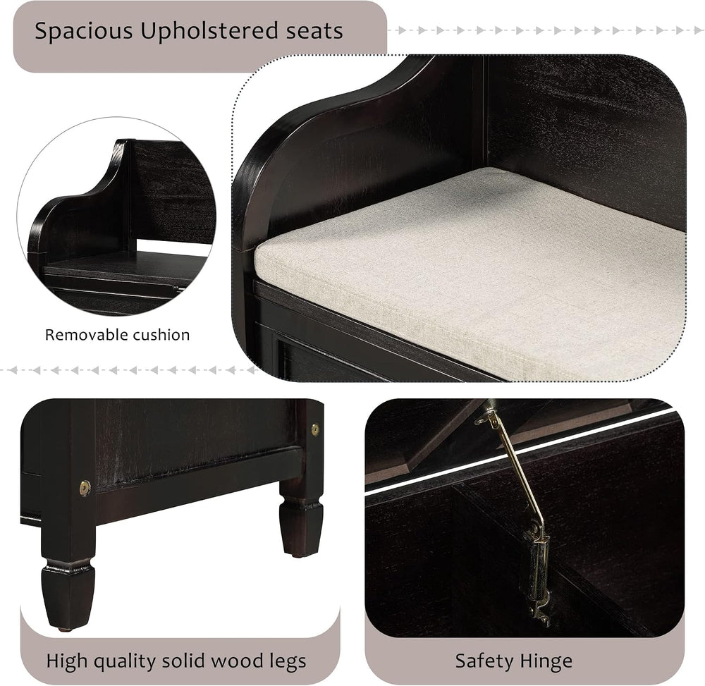 P PURLOVE 42 Inch Rustic Style Storage Bench with Safety Hinge,Solid Wood Ent...