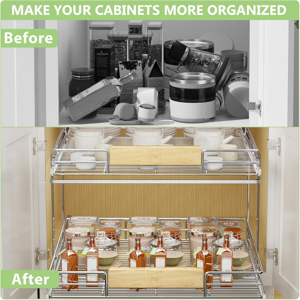 2 Tier Pull Out Cabinet Organizer with Wooden Handle, 28½" W x 21½"...