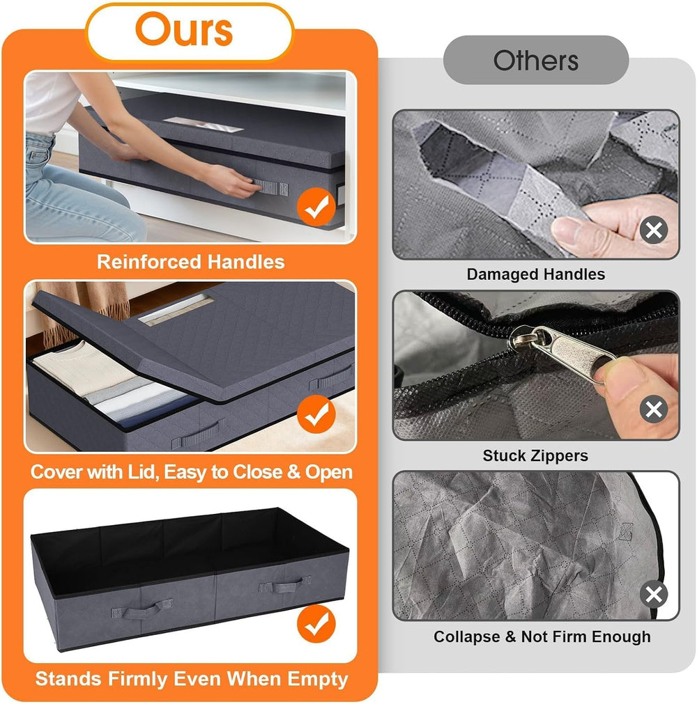 StoreHappily Under Bed Storage Containers with Lids, 3 Pack Foldable Grey