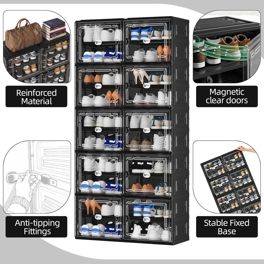 Black Shoe Storage Cabinet for 40 Pairs with Magnetic Clear Doors