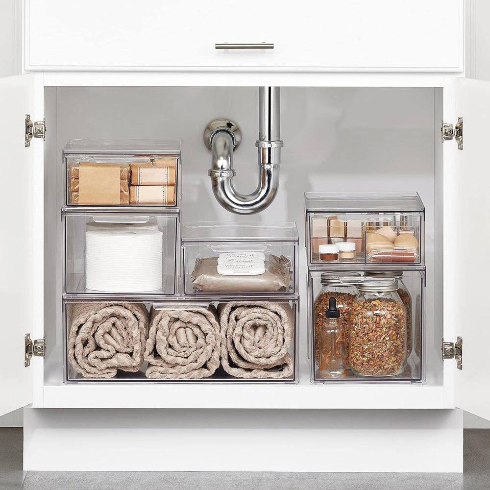 mDesign Plastic Stackable Bathroom Storage with Pull Out Bin Organizer Drawer...