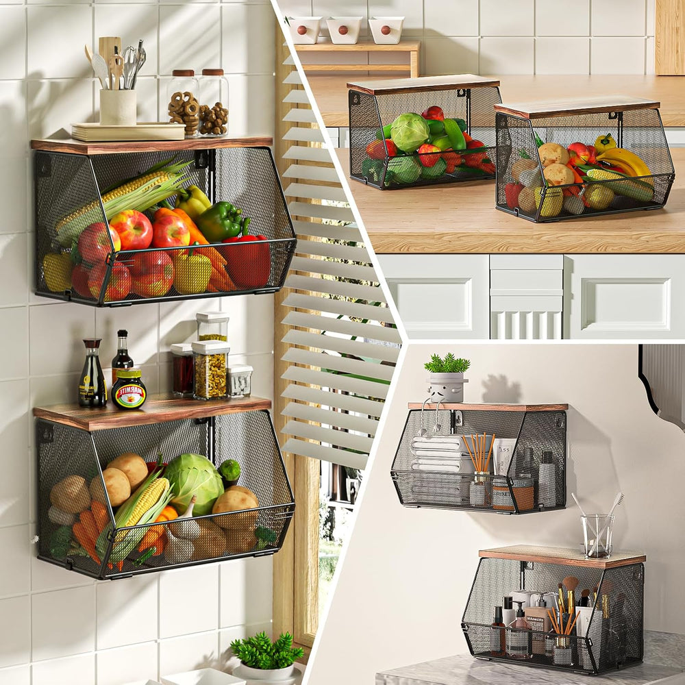 3-Pack Stackable Wire Basket with Wood Lid - Wall Mounted Fruit & Vegetab...