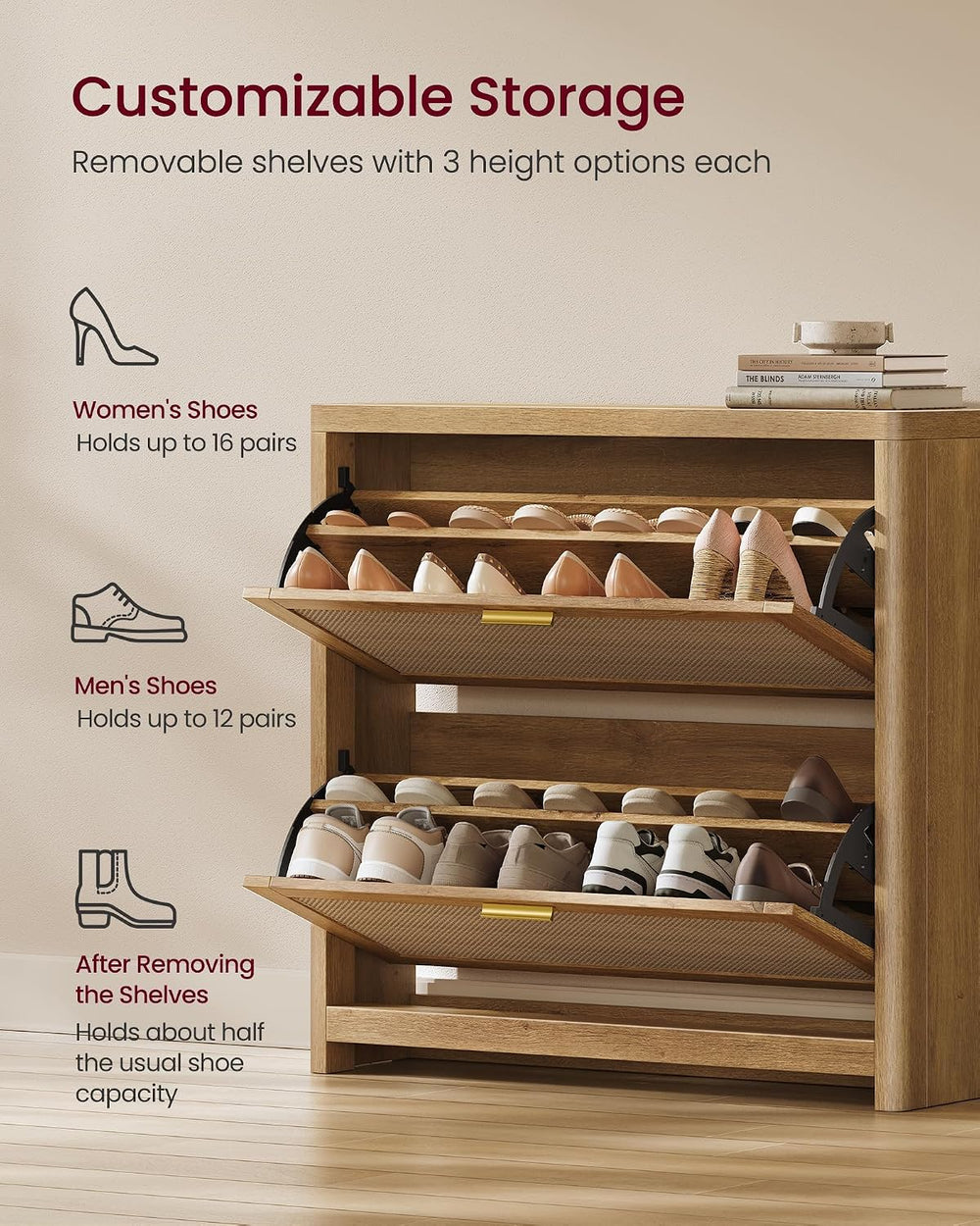 VASAGLE Boho Shoe Storage Cabinet, Slim, Rattan-Look Flip Drawers