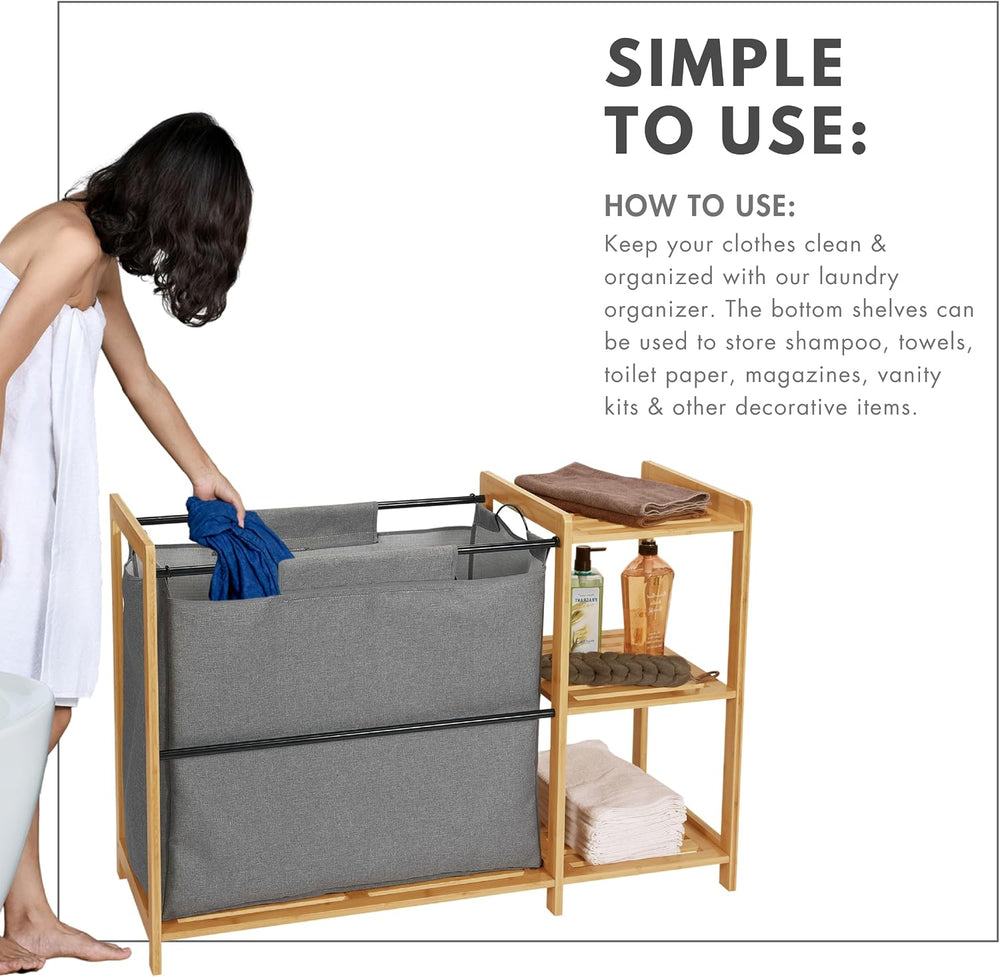 Bamboo Laundry Hamper with Shelves - Freestanding Laundry Hamper Basket Table...