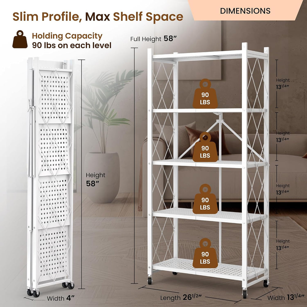 Our Modern Space 5-Tier Foldable Storage Shelf with Wheels | Metal Rack Colla...