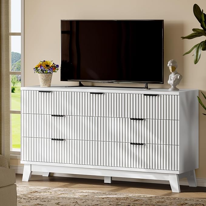 Fluted Dresser with 7 Drawers, Wooden Dresser TV Stand, Wood Closet Clothes - Image 7