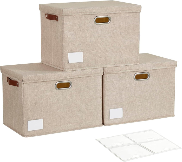 17" Large Fabric Storage Box with Lids, 3-Pack, Khaki