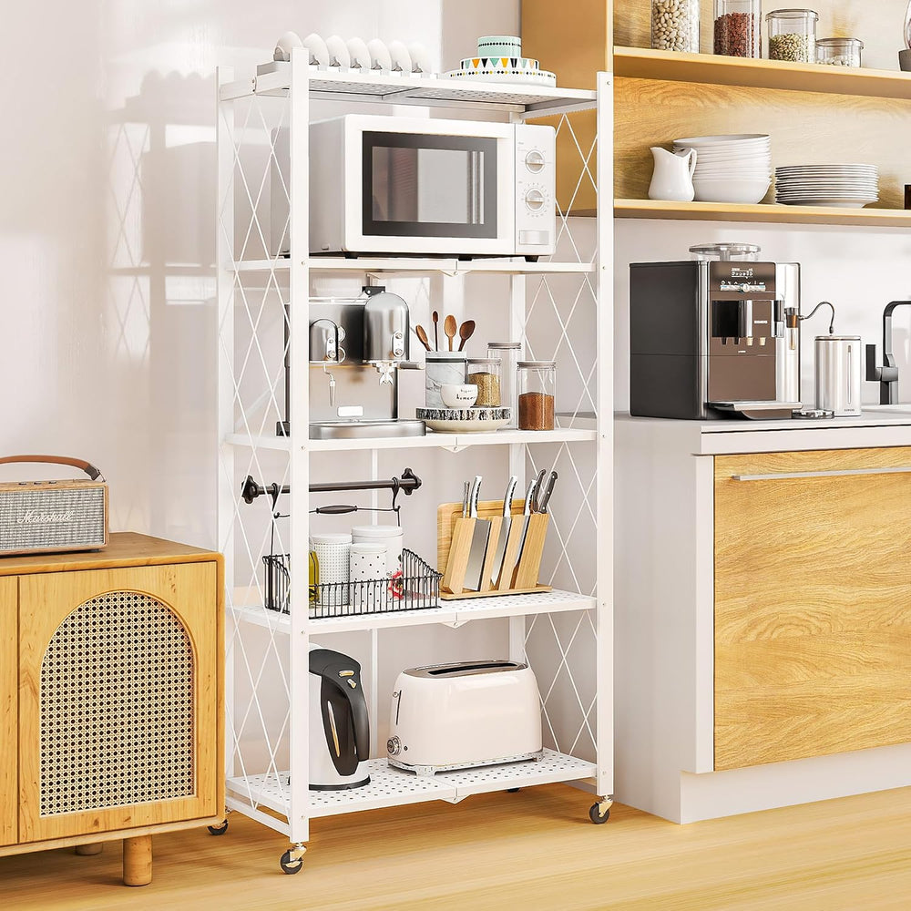 5-Tier Folding Metal Storage Rack - 63" Heavy-Duty Steel Frame with Whee...