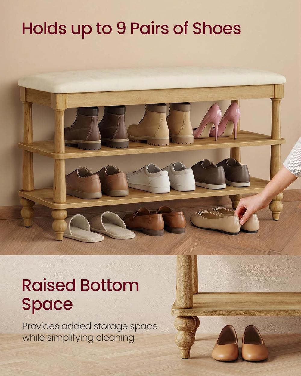 VASAGLE 2-Tier Shoe Bench, Wooden Entryway Bench, 31.5 Inches Width