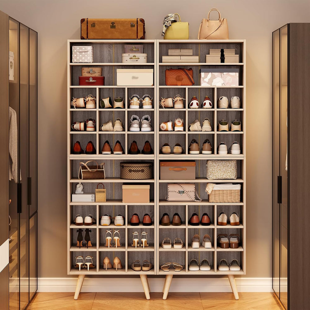 5 Tiers Wood Shoe Rack with Legs, Stackable Shoe Cubby with 2 Storage Shelves...