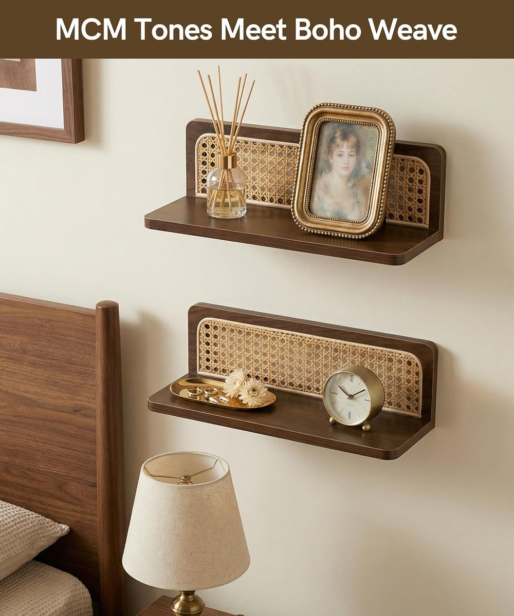 Walnut Rattan Wall Shelf, Mid Century Modern Floating Shelves, MCM