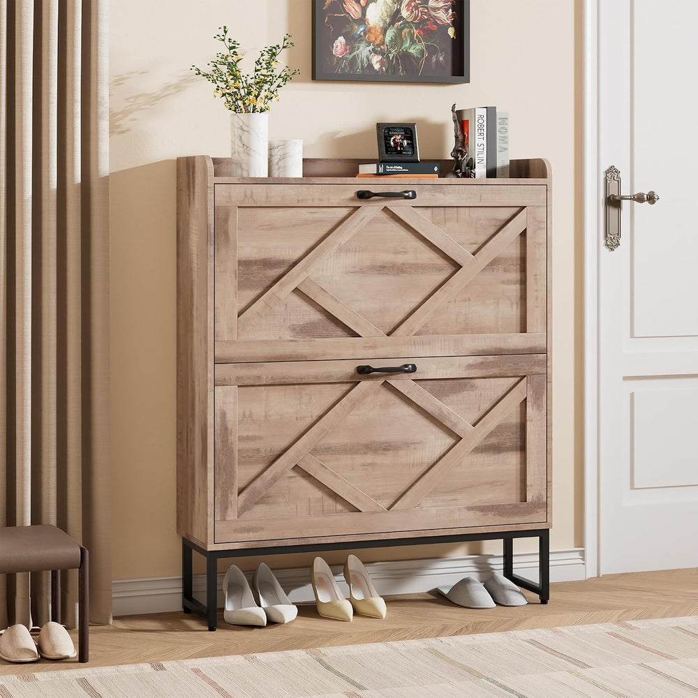 Nicetree Shoe Cabinet with 2 Flip Drawers,Freestanding Shoe Storage Cabinet, ...