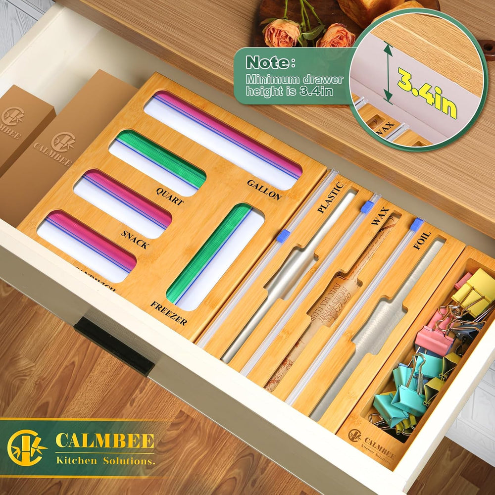 Calmbee 9 in 1 Bamboo Storage Bag Organizer for Kitchen Drawer – Plastic Wrap...