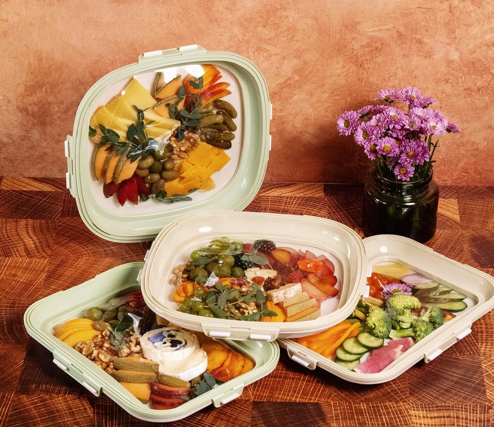 Crudités Portable Stretch-Lid Snack Tray, Square 4-Pack, Cream White