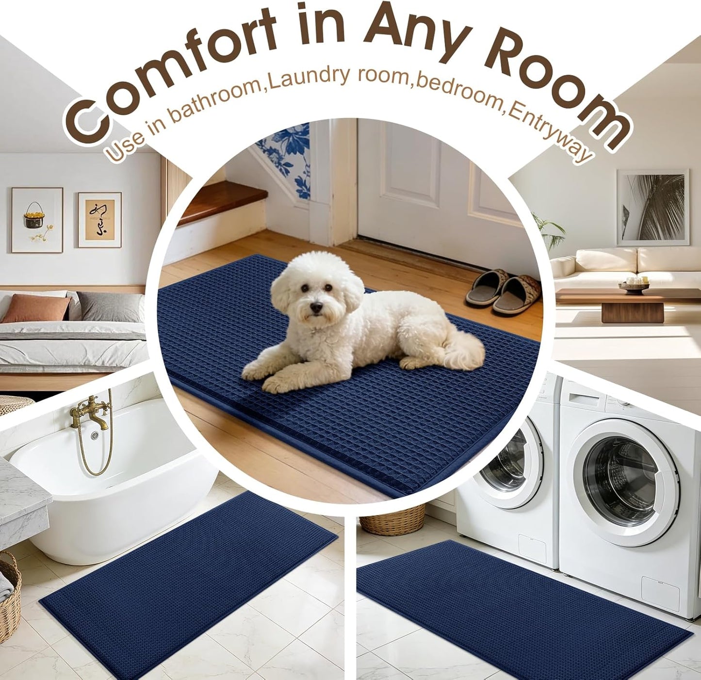 Memory Foam Bath Mat, Ultra Soft Absorbent Waffle Bathroom Rugs, Super Non-Slip PVC Backing Bath Rug Quick Dry, Machine Washable Rug for Tub, Shower, Home Decor Accessory, 24" x 17", Navy Blue